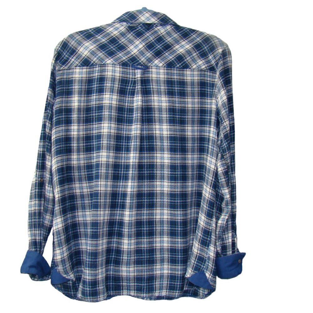 Kut from the Kloth Blue & White Plaid Long Sleeve Snap Front Shirt Size Medium - Picture 5 of 11
